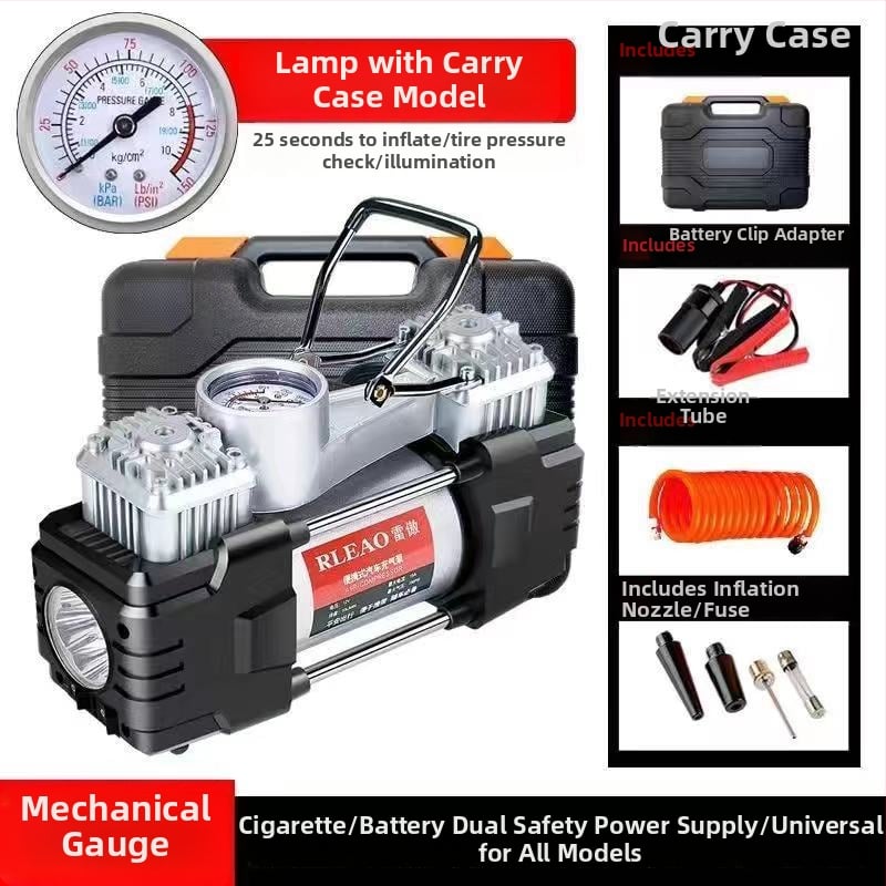 Двуцилиндров автомобилен помпа за гуми, 12V, 180W, 70 л/мин, над 20 мин непрекъсната работа, цифров дисплей