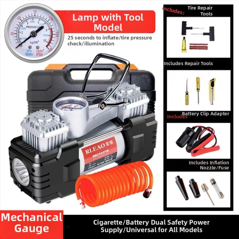 Двуцилиндров автомобилен помпа за гуми, 12V, 180W, 70 л/мин, над 20 мин непрекъсната работа, цифров дисплей