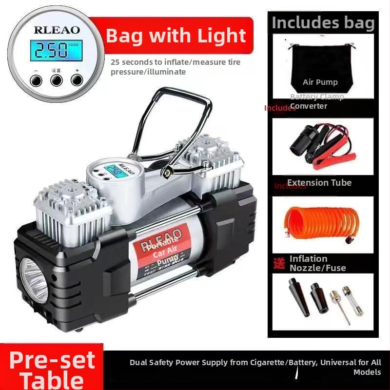 Двуцилиндров автомобилен помпа за гуми, 12V, 180W, 70 л/мин, над 20 мин непрекъсната работа, цифров дисплей