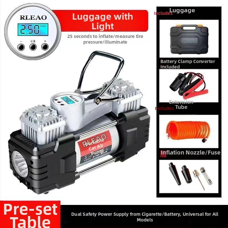 Двуцилиндров автомобилен помпа за гуми, 12V, 180W, 70 л/мин, над 20 мин непрекъсната работа, цифров дисплей