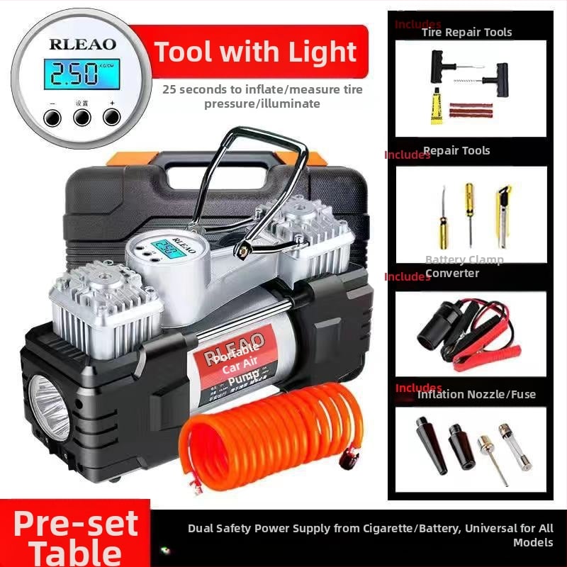 Двуцилиндров автомобилен помпа за гуми, 12V, 180W, 70 л/мин, над 20 мин непрекъсната работа, цифров дисплей