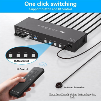 KVM prekidač s podrškom za 8K: 4 HDMI ulaza, 4 DP ulaza i 4 USB ulaza; 1 HDMI izlaz, 1 DP izlaz i 4 USB 3.0 izlaza uz USB hub