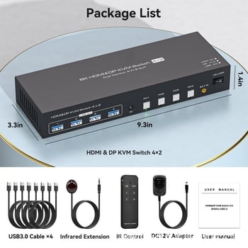 KVM prekidač s podrškom za 8K: 4 HDMI ulaza, 4 DP ulaza i 4 USB ulaza; 1 HDMI izlaz, 1 DP izlaz i 4 USB 3.0 izlaza uz USB hub