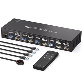 KVM prekidač s podrškom za 8K: 4 HDMI ulaza, 4 DP ulaza i 4 USB ulaza; 1 HDMI izlaz, 1 DP izlaz i 4 USB 3.0 izlaza uz USB hub