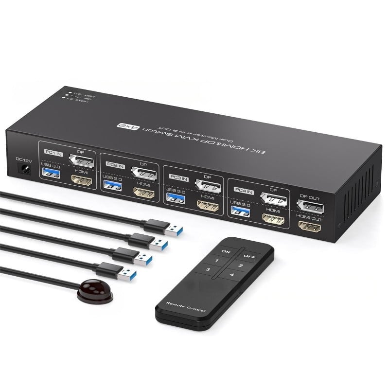 KVM prekidač s podrškom za 8K: 4 HDMI ulaza, 4 DP ulaza i 4 USB ulaza; 1 HDMI izlaz, 1 DP izlaz i 4 USB 3.0 izlaza uz USB hub