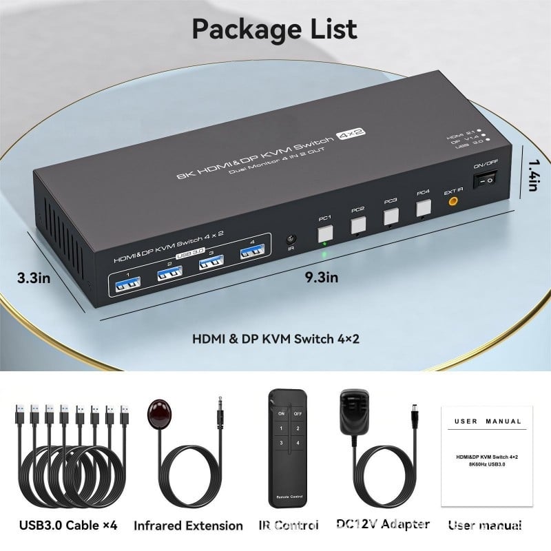 KVM prekidač s podrškom za 8K: 4 HDMI ulaza, 4 DP ulaza i 4 USB ulaza; 1 HDMI izlaz, 1 DP izlaz i 4 USB 3.0 izlaza uz USB hub
