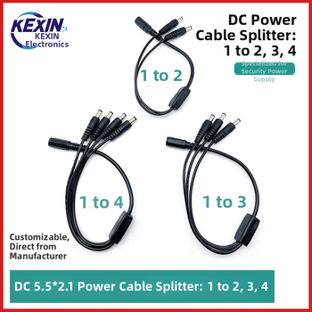 Prilagođeni DC12V kabel za napajanje CCTV: razdjelnik 1 na 4, DC5521 ženski–muški konektori, 2-žilni bakreni vodovi, PVC omotač