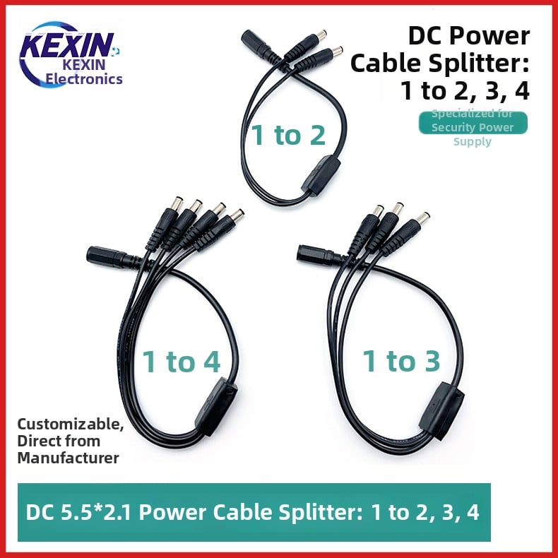Prilagođeni DC12V kabel za napajanje CCTV: razdjelnik 1 na 4, DC5521 ženski–muški konektori, 2-žilni bakreni vodovi, PVC omotač