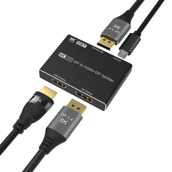 DP–HDMI MST osztó, 1 DP bemenet – 2 kimenet DP és HDMI, modell T0202, átviteli távolság 10 m, sávszélesség 21,6 Gbps, tápellátás 5V