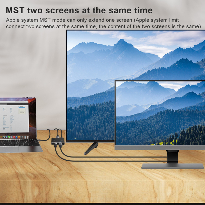 DP–HDMI MST osztó, 1 DP bemenet – 2 kimenet DP és HDMI, modell T0202, átviteli távolság 10 m, sávszélesség 21,6 Gbps, tápellátás 5V