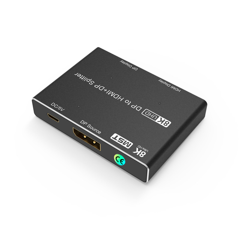 DP–HDMI MST osztó, 1 DP bemenet – 2 kimenet DP és HDMI, modell T0202, átviteli távolság 10 m, sávszélesség 21,6 Gbps, tápellátás 5V