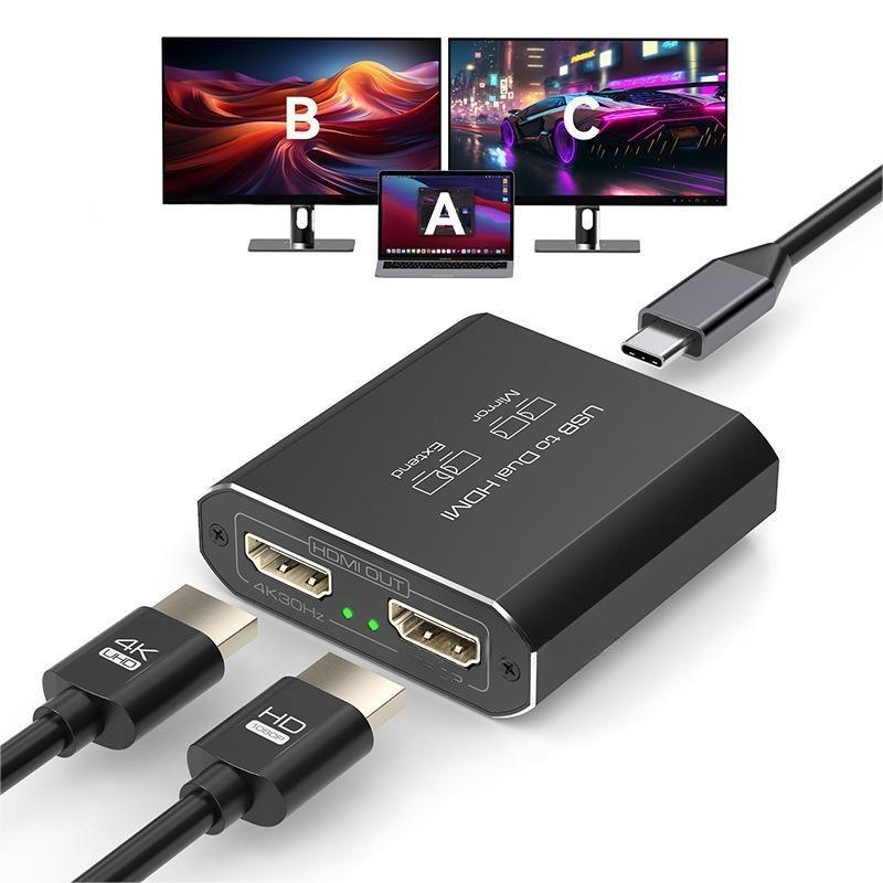 Type-C către HDMI splitter cu 2 ieșiri HDMI 4K, USB 3.0 intrare, cablu de 5 m
