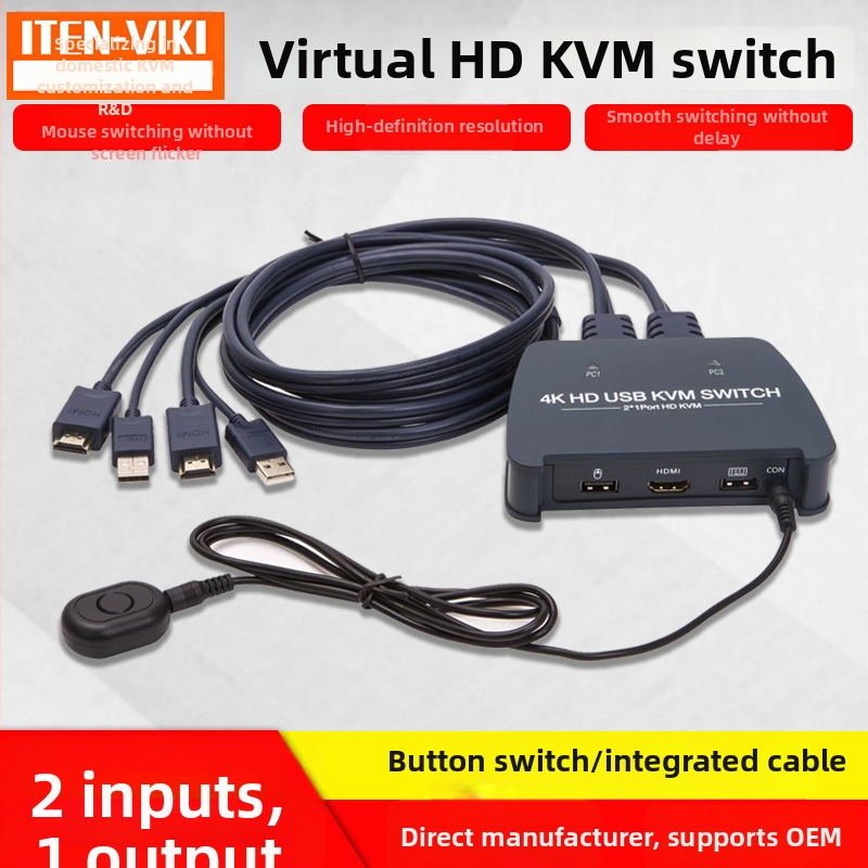 ITEN-VIKI IT-21UHB-I KVM prepínač — 2 vstupy/1 výstup, externé tlačidlo prepínania, zdieľanie HDMI/USB, 4K UHD, kábel dĺžky 120 cm, kompatibilný s Windows/macOS/Linux/Android
