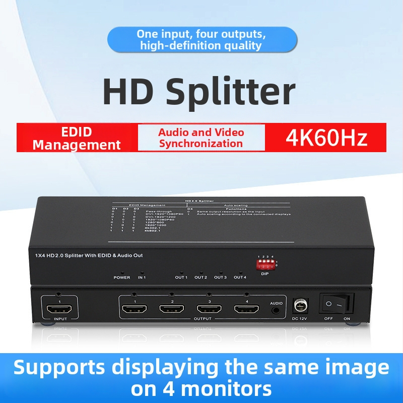 HDMI 2.0 4K60 1x4 splitter, 10 m kábel, diaľkové prebudenie, správa napájania, podporuje 4K@60Hz 4:4:4