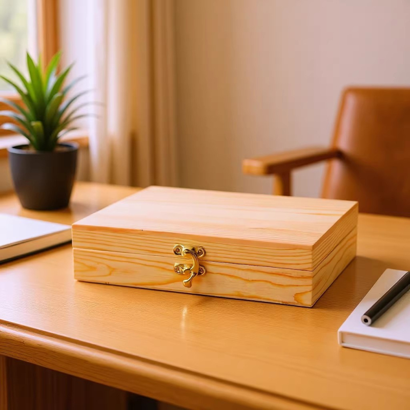 Drveni stolni organizator s poklopcem i pregradama, geometrijski moderni minimalistički dizajn