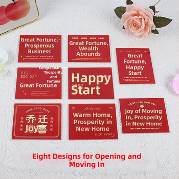 Pozdravná karta k novej adrese a otvoreniu firmy – papier, tlač, jednoduchý a moderný štýl, ručne písaný požehnávací odkaz a darčeková obálka