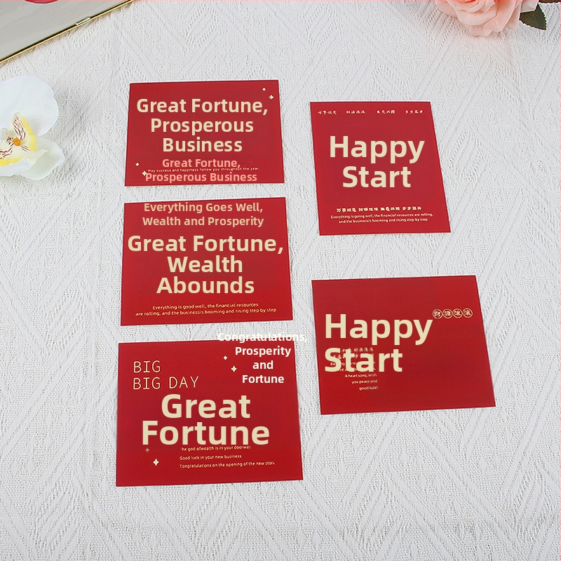 Pozdravná karta k novej adrese a otvoreniu firmy – papier, tlač, jednoduchý a moderný štýl, ručne písaný požehnávací odkaz a darčeková obálka