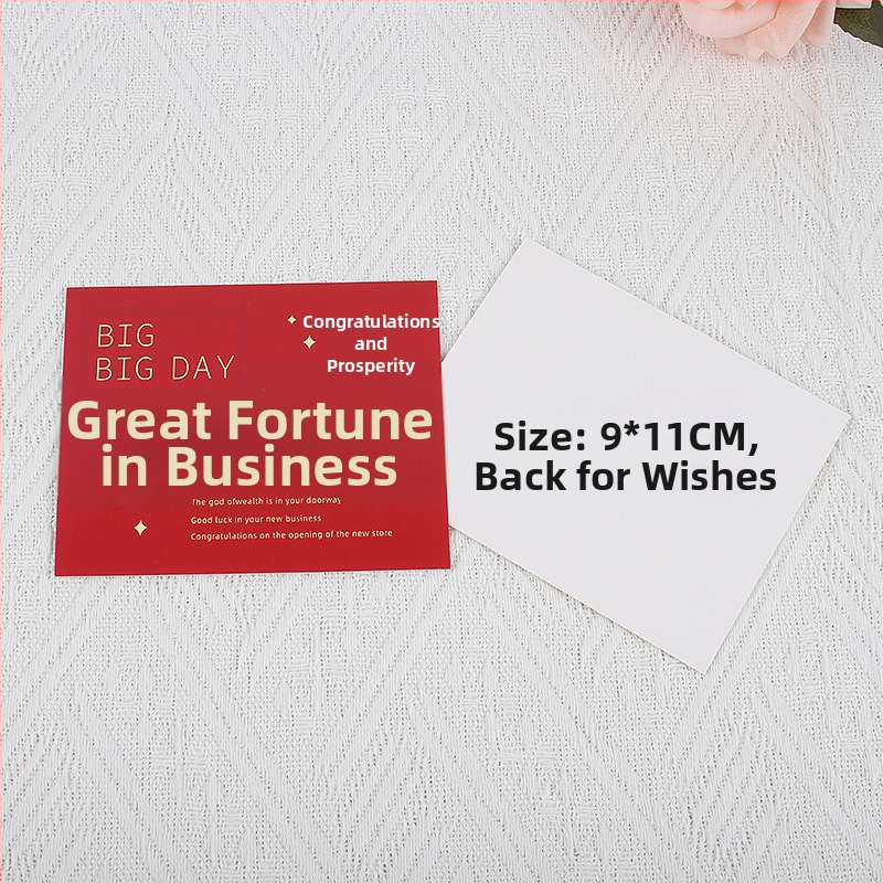 Pozdravná karta k novej adrese a otvoreniu firmy – papier, tlač, jednoduchý a moderný štýl, ručne písaný požehnávací odkaz a darčeková obálka