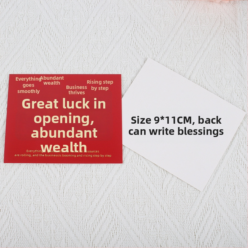 Pozdravná karta k novej adrese a otvoreniu firmy – papier, tlač, jednoduchý a moderný štýl, ručne písaný požehnávací odkaz a darčeková obálka