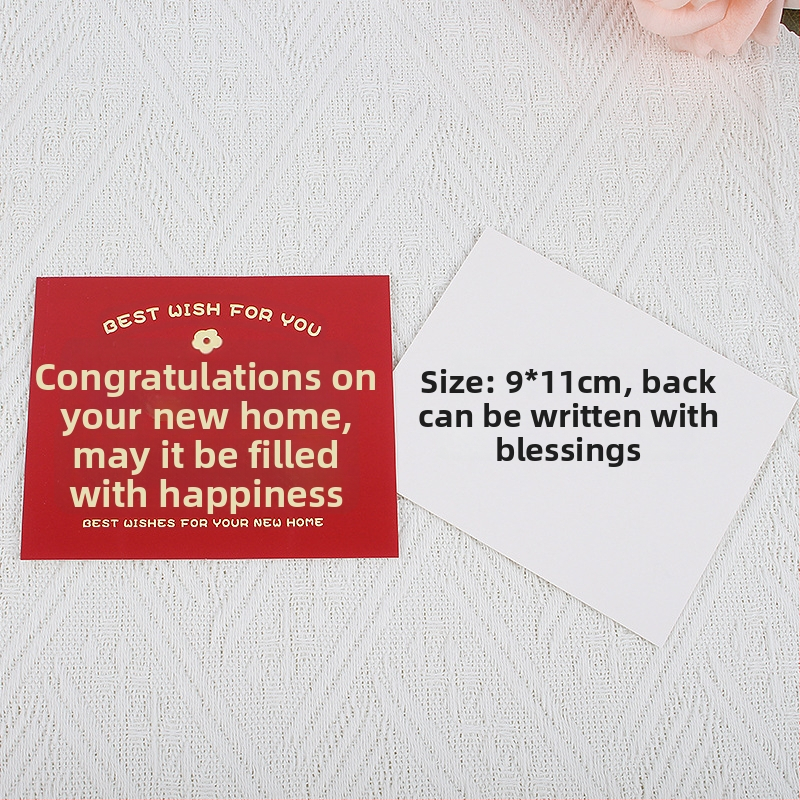 Pozdravná karta k novej adrese a otvoreniu firmy – papier, tlač, jednoduchý a moderný štýl, ručne písaný požehnávací odkaz a darčeková obálka