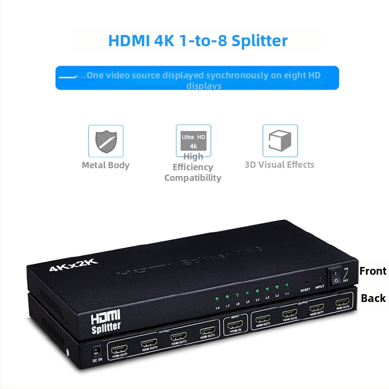 HDMI rozdeľovač 1×8 s podporou 4K@30Hz; HDMI vstup a 8 HDMI výstupov; šírka pásma 340 MHz; napájanie DC5V/2A; prevádzková teplota -15°C až 55°C