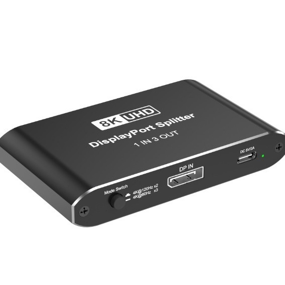DP osztó 1 bemenet 3 kimenet, DP1.4, 8K60Hz, Támogatja a háromkijelzős kijelzőt (tükrözés vagy kiterjesztés), Modell HS-313