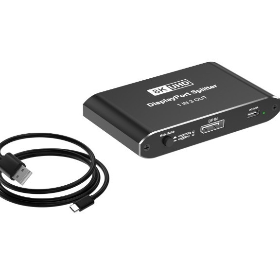 DP osztó 1 bemenet 3 kimenet, DP1.4, 8K60Hz, Támogatja a háromkijelzős kijelzőt (tükrözés vagy kiterjesztés), Modell HS-313