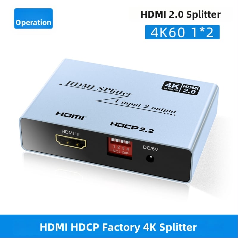 HDMI elosztó 1x2 HDMI bemenet/kimenet (Model HY-B022, 18G sávszélesség, 10m továbbítás, 5V1A tápegység)