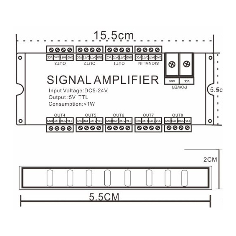 LED pojačivač za LED trake sa WS2811/2812B/1903 signalima, model AHC8, 5-24V, upravljanje putem terminala, terminalno sučelje, TTL signal
