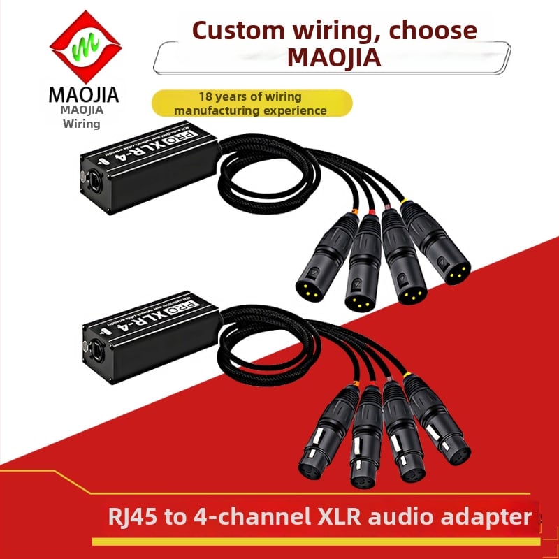 Maojia RJ45 na 4-kanalni XLR audio adapter, Plug‑and‑Play signalni extender, ROHS, najlonsko kućište s najlonskom opletkom, -40°C do 105°C