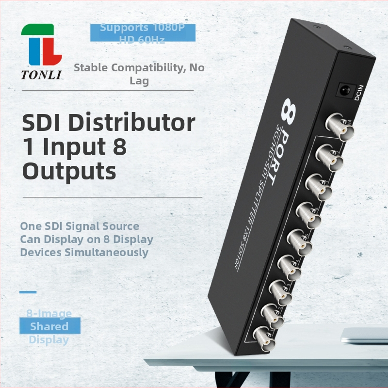 SDI rozdeľovač 1 vstup 8 výstupov, Broadcast-grade 3G-SDI/HD-SDI, dosah 100 m, napájanie 5–12 V, 10 W