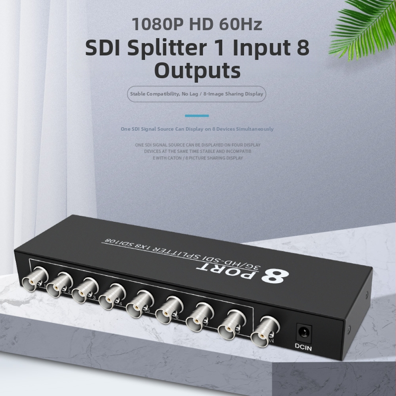 SDI rozdeľovač 1 vstup 8 výstupov, Broadcast-grade 3G-SDI/HD-SDI, dosah 100 m, napájanie 5–12 V, 10 W