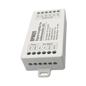 SP902E LED pojačalo signala za LED trake — dvostruki TTL izlaz, napajanje 5–24 V, domet ~30 m, signalni mod 5V TTL i DIFF, IP20
