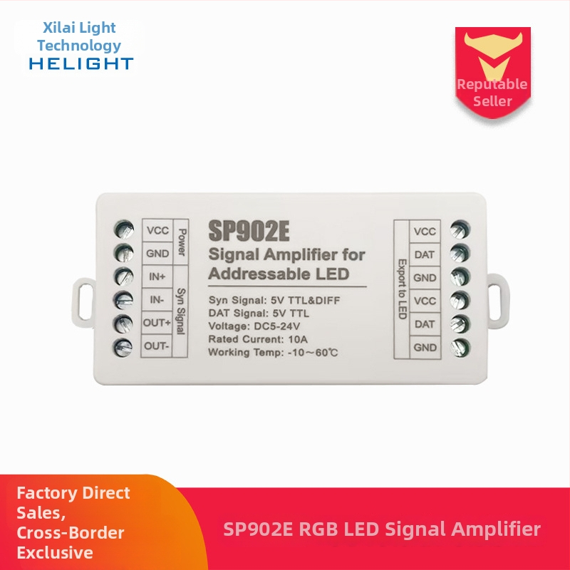 SP902E LED pojačalo signala za LED trake — dvostruki TTL izlaz, napajanje 5–24 V, domet ~30 m, signalni mod 5V TTL i DIFF, IP20