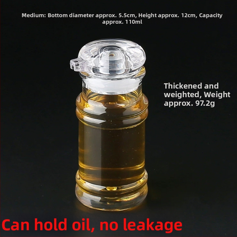 Akrilni set boca za ulje i začine – uključuje bocu za ulje, bocu za ocat, bocu za umak, staklenku za čili i staklenku za začine; moderan minimalistički dizajn restoranskih kuhinja.