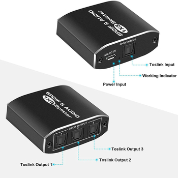 Optikai szál elosztó 1 bemenet 3 kimenet SPDIF hanghoz, Dolby 5.1/7.1, 40 m átviteli távolság, sávszélesség 340, 5V 60Hz tápegység, 1W