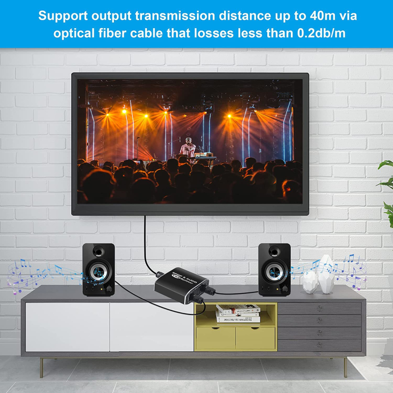 Optikai szál elosztó 1 bemenet 3 kimenet SPDIF hanghoz, Dolby 5.1/7.1, 40 m átviteli távolság, sávszélesség 340, 5V 60Hz tápegység, 1W