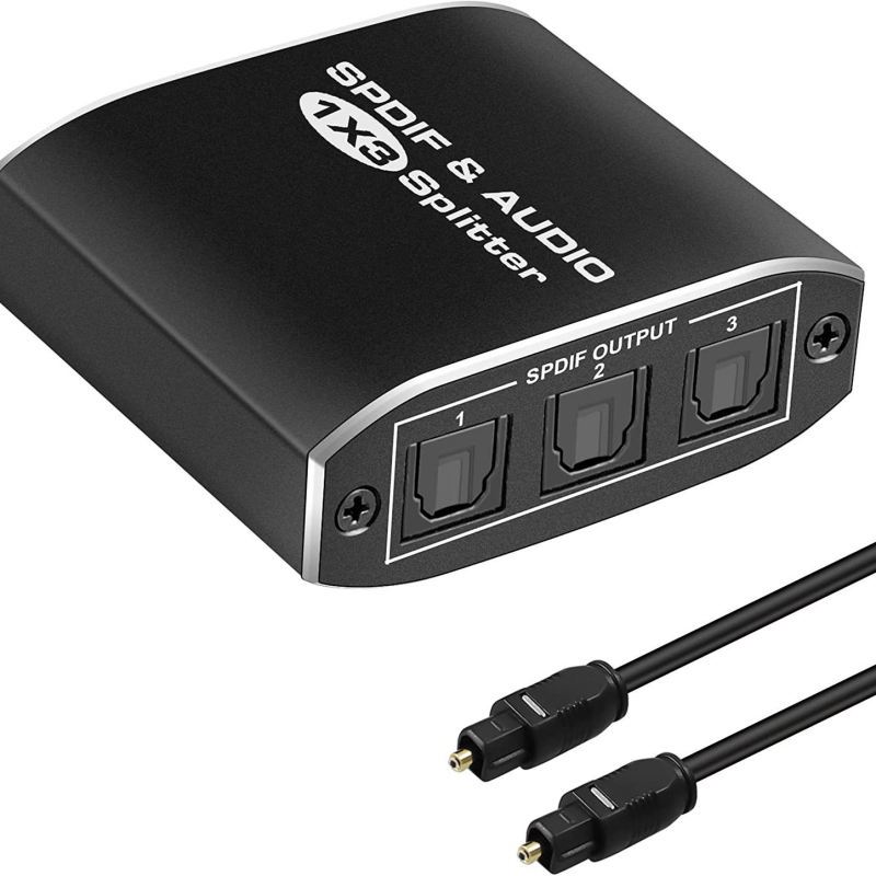 Optikai szál elosztó 1 bemenet 3 kimenet SPDIF hanghoz, Dolby 5.1/7.1, 40 m átviteli távolság, sávszélesség 340, 5V 60Hz tápegység, 1W