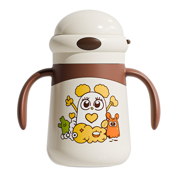 Izolirana dječja šalica s drškom i slamkom, crtež dizajn; unutarnja posuda 316 nehrđajućeg čelika, vanjski kućište 304 nehrđajućeg čelika; izolacija 0–6 sati; poklopac od PP s pop-up mehanizmom