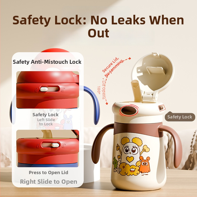 Izolirana dječja šalica s drškom i slamkom, crtež dizajn; unutarnja posuda 316 nehrđajućeg čelika, vanjski kućište 304 nehrđajućeg čelika; izolacija 0–6 sati; poklopac od PP s pop-up mehanizmom