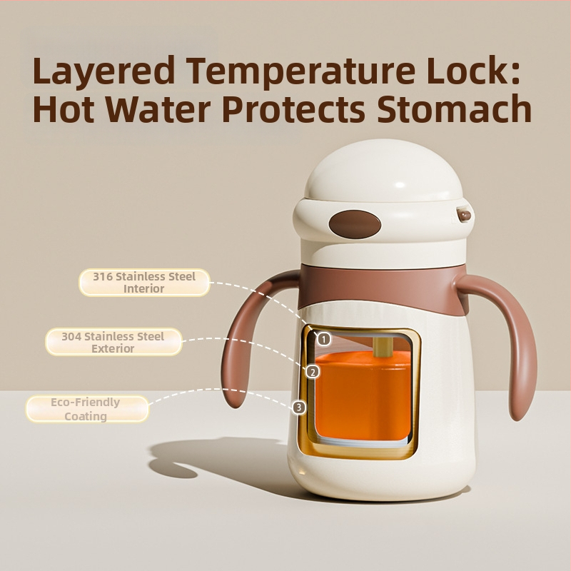 Izolirana dječja šalica s drškom i slamkom, crtež dizajn; unutarnja posuda 316 nehrđajućeg čelika, vanjski kućište 304 nehrđajućeg čelika; izolacija 0–6 sati; poklopac od PP s pop-up mehanizmom