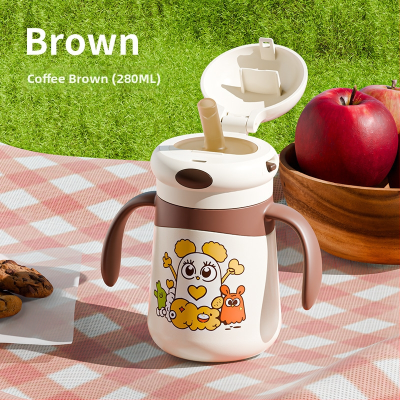 Izolirana dječja šalica s drškom i slamkom, crtež dizajn; unutarnja posuda 316 nehrđajućeg čelika, vanjski kućište 304 nehrđajućeg čelika; izolacija 0–6 sati; poklopac od PP s pop-up mehanizmom