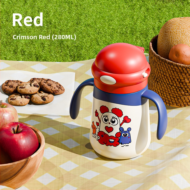 Izolirana dječja šalica s drškom i slamkom, crtež dizajn; unutarnja posuda 316 nehrđajućeg čelika, vanjski kućište 304 nehrđajućeg čelika; izolacija 0–6 sati; poklopac od PP s pop-up mehanizmom