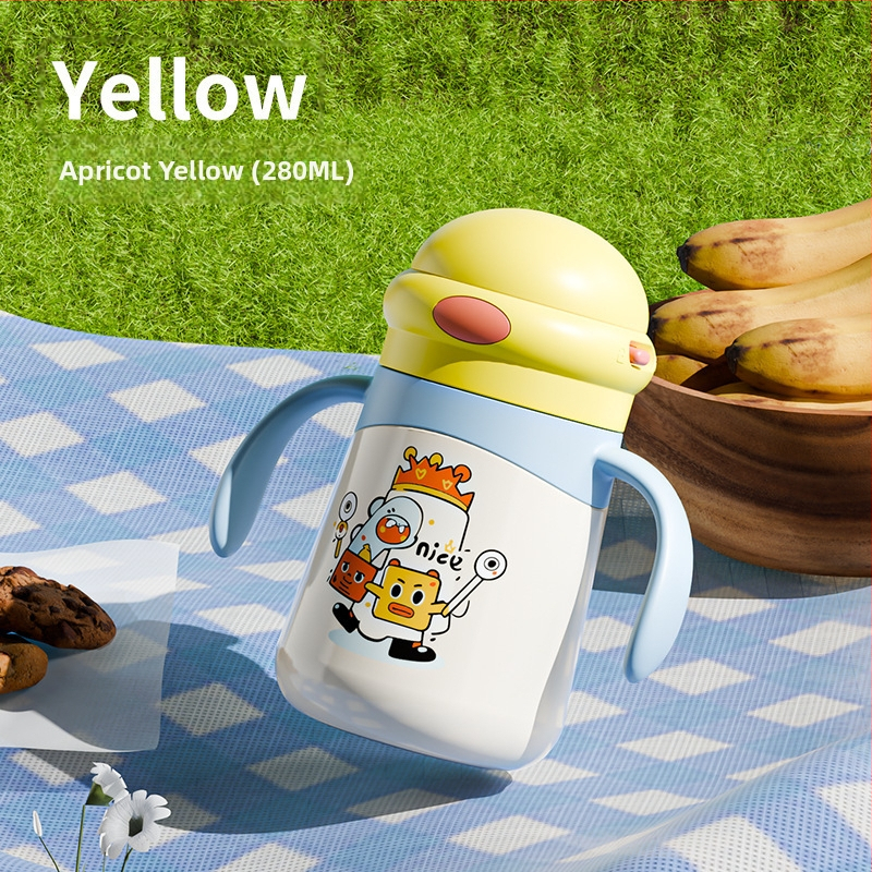 Izolirana dječja šalica s drškom i slamkom, crtež dizajn; unutarnja posuda 316 nehrđajućeg čelika, vanjski kućište 304 nehrđajućeg čelika; izolacija 0–6 sati; poklopac od PP s pop-up mehanizmom