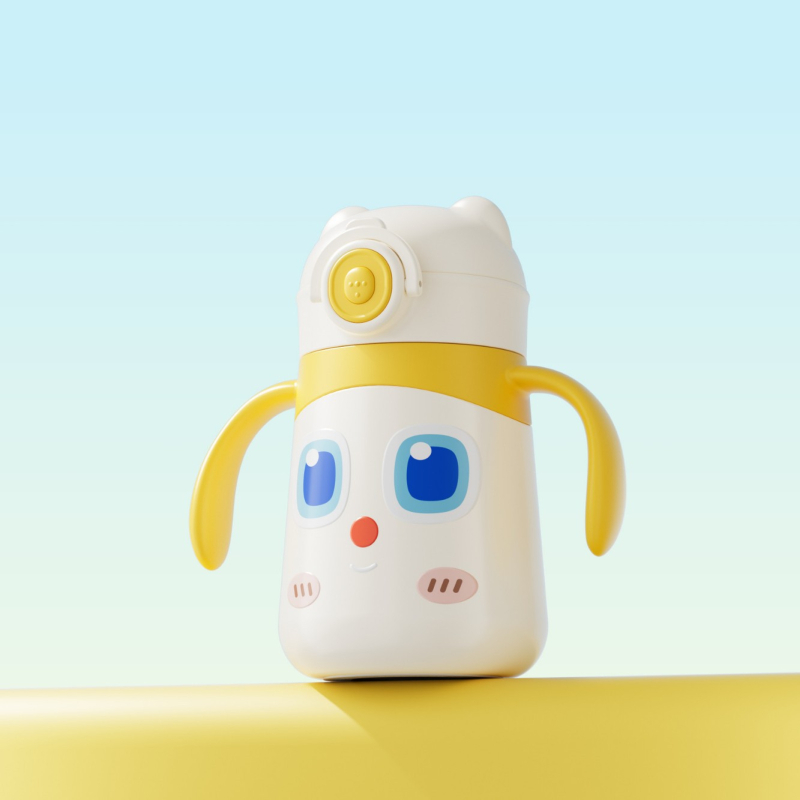 Izolirana dječja šalica s drškom i slamkom, crtež dizajn; unutarnja posuda 316 nehrđajućeg čelika, vanjski kućište 304 nehrđajućeg čelika; izolacija 0–6 sati; poklopac od PP s pop-up mehanizmom