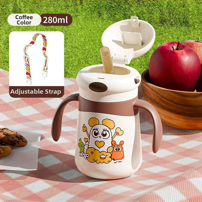 Izolirana dječja šalica s drškom i slamkom, crtež dizajn; unutarnja posuda 316 nehrđajućeg čelika, vanjski kućište 304 nehrđajućeg čelika; izolacija 0–6 sati; poklopac od PP s pop-up mehanizmom