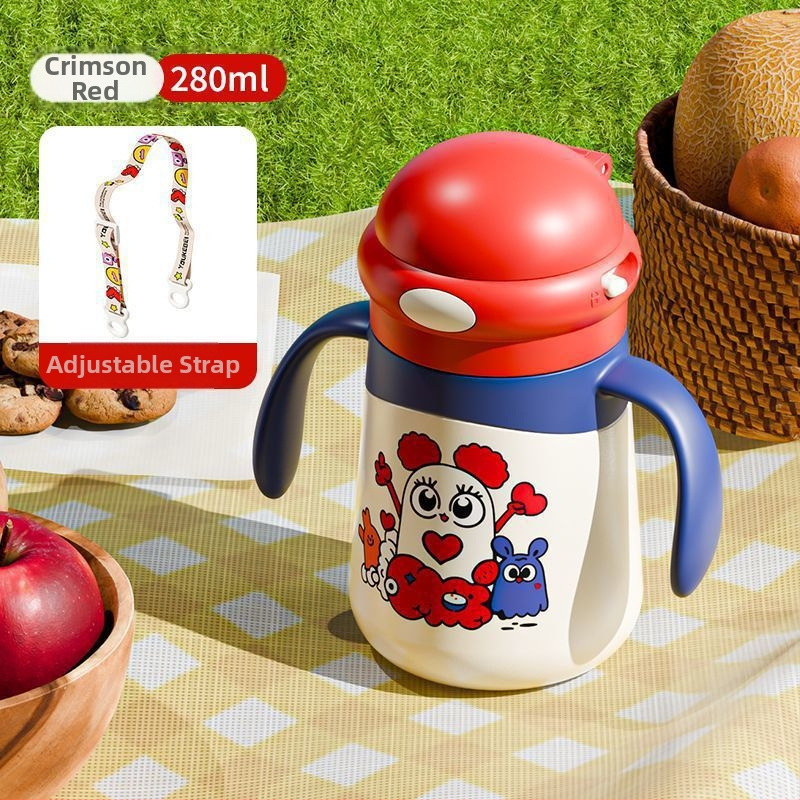 Izolirana dječja šalica s drškom i slamkom, crtež dizajn; unutarnja posuda 316 nehrđajućeg čelika, vanjski kućište 304 nehrđajućeg čelika; izolacija 0–6 sati; poklopac od PP s pop-up mehanizmom