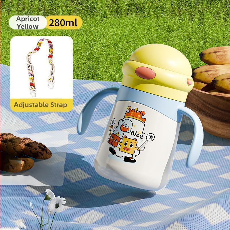 Izolirana dječja šalica s drškom i slamkom, crtež dizajn; unutarnja posuda 316 nehrđajućeg čelika, vanjski kućište 304 nehrđajućeg čelika; izolacija 0–6 sati; poklopac od PP s pop-up mehanizmom