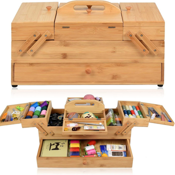 Qimuge vintage drevený úložný box na kozmetiku a šitie, viacvrstvový dizajn, prenosný, možnosť tlače loga