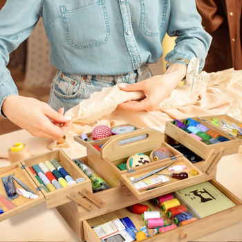 Qimuge vintage drevený úložný box na kozmetiku a šitie, viacvrstvový dizajn, prenosný, možnosť tlače loga